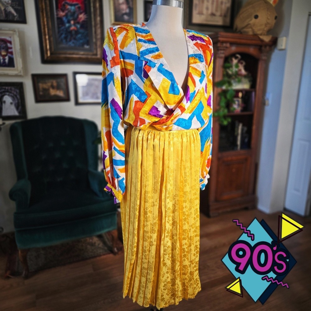 Vintage 90s‎ Argenti Silk Two Piece Skirt Set Abstract Artsy Print Draped Blouse